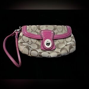 Coach Pink Leather Trim Kiss Lock Wristlet